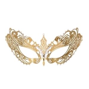 Gold Tone Metallic Rhinestone Masquerade Mardi Gras Mask With Elastic Back